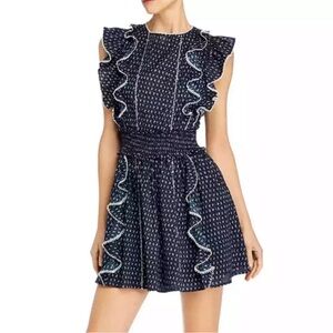 Rebecca Taylor La Vie Ikat Leaf Navy Blue Ruffle Mini Dress Smocked Size XL